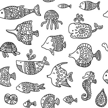 Seamless pattern with sea creatures. Can be used for textile, website background, book cover, packaging.