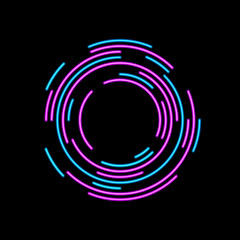 Abstract futuristic neon circles logo template. Isolated glowing swirl lines on dark background. Vector illustration