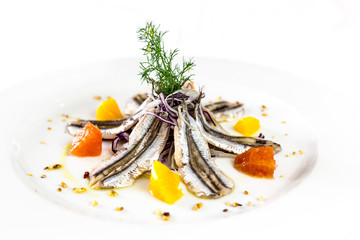 marinated anchovies. Gourmet restaurant italian food. white background