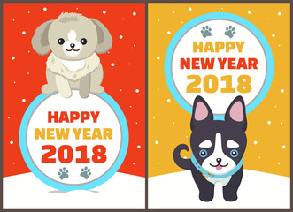 Happy New Year 2018 Dogs Set Vector Illustration
