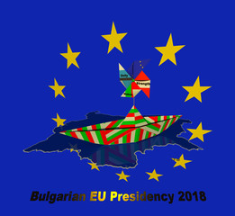 Bulgarian EU council presidency 2018 sign 3D illustration. Bulgarian flag textured paper fold boat floating in the sea of national borders map, blue EU flag background. Perspective view. Collection.