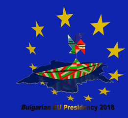 Bulgarian boat. Bulgarian EU Council Presidency 2018 sign 3D illustration. Paper fold boat textured with bulgarian flag, floating in the sea of bulgarian map, EU flag , three dimensional. Collection. 