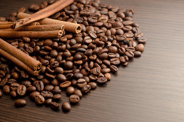 sticks of cinnamon, coffee beans