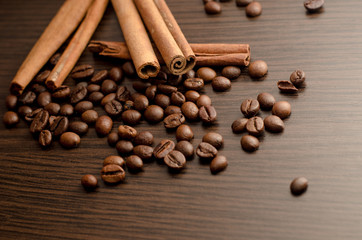 sticks of cinnamon, coffee beans