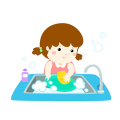 Illustration of happy girl washing dish on white background.