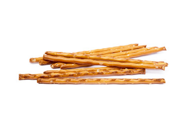 Salty cracker pretzel sticks isolated on white background