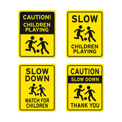 Slow down children playing traffic road signs set - obrazy, fototapety, plakaty