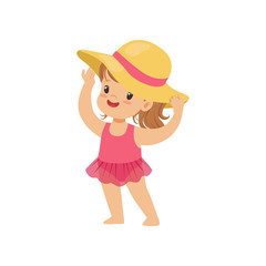 Sweet little girl in a pink swimsuit and straw hat, kid playing at the beach, happy infants outdoor activity on summer vacations vector Illustration