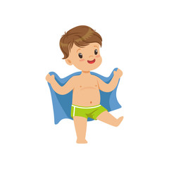 Cute little boy wiping his with a towel, kid playing at the beach, happy infants outdoor activity on summer vacations vector Illustration