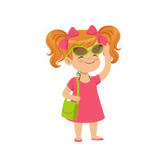 Beautiful little girl wearing pink dress and sunglasses, kid playing at the beach, happy infants outdoor activity on summer vacations vector Illustration