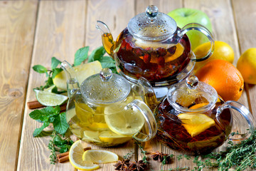 fruit and berry tea on wooden background