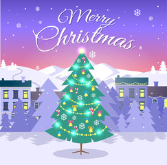 Merry Christmas and Fir Tree on City Background