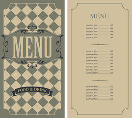Vector template menu for restaurant or cafe with price list in curly frame on the checkered background in retro style