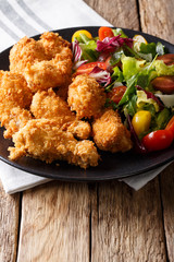 Crispy chicken wings in breadcrumbs and fresh salad close-up on a plate. vertical