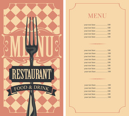 Vector template menu for restaurant with price list and fork in curly frame on the checkered background in retro style