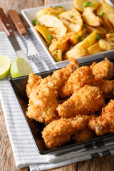Fried chicken wings in bread crumbs and potato wedges close up. vertical
