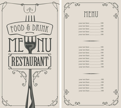 Vector template menu for restaurant with price list and fork in curly frame in retro style