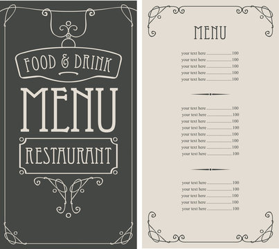 Vector template menu for restaurant with price list in curly frame in retro style