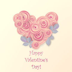 Vector greeting card template. Heart of bright pinc roses.