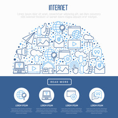 Internet concept in half circle with thin line icons: e-mail, chat, laptop, share, cloud computing, seo, download, upload, stream, global connection. Modern vector illustration for web page.