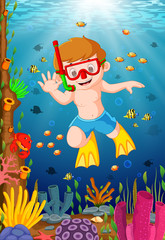 Cartoon boy diving in the sea