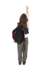
Beautiful schoolgirl with backpacks pointing at wall. Back view. Isolated on white background 