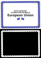 Frame and border of ribbon with the European Union flag for diplomas, congratulations, certificates. Alpha channel. 3d illustration