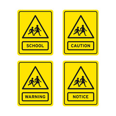 School kids children caution sign set
