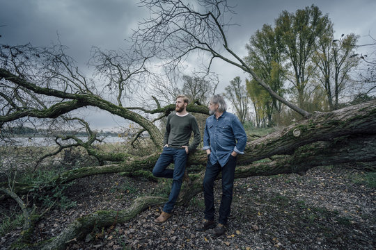 Father and son leaning on tree, thinking and talking