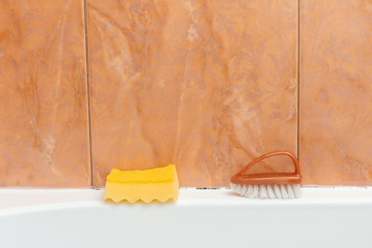 Sponge And Brush Are In The Bathroom For Cleaning Mold