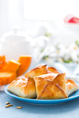 Delicious homemade baking. Patties with fresh pumpkin on white background, closeup