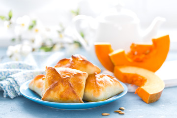 Delicious homemade baking. Patties with fresh pumpkin on white background, closeup