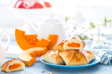 Delicious homemade baking. Patties with fresh pumpkin on white background, closeup