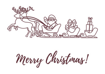 Santa Claus with Christmas presents in sleighs with reindeers. New Year and Christmas illustration.