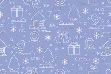 Winter seamless pattern with variety Christmas elements: christmas tree, gift, christmas wreath, bells and other.