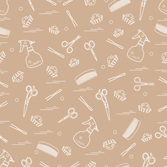 Cute pattern of scissors, combs, hairclip, hairpins and sprayer. For the provision of hairdressing services.