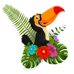 Cartoon toucan with tropical flower and leave background