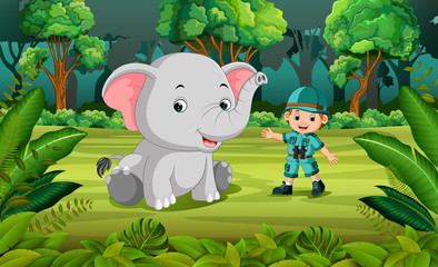 Elephant and adventurer in the jungle