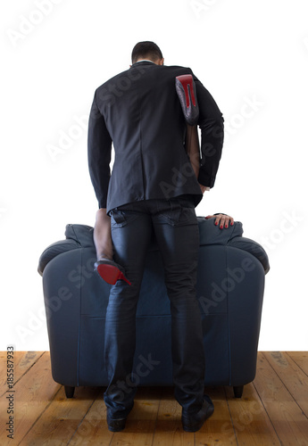 Young Couple Have Sex On Sofa Back View Isolated