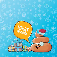 vector funny cartoon cool cute brown smiling poo icon with santa red hat, gifts and speech bubble on christmas blue background with snowflakes. funky christmas character.