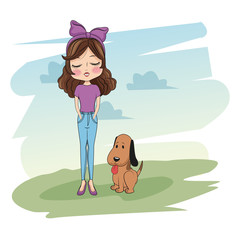 Obraz na płótnie Canvas Cute girl with dog cartoon icon vector illustration graphic design