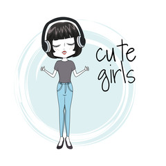 Cute girl with headphones icon vector illustration graphic design