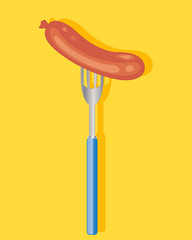a vector illustration in eps 10 format of a sausage on a fork with a mustard yellow background
