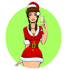 Sexy Christmas girl with Santa Claus with a glass of champagne. Avatar, icon, emblem.