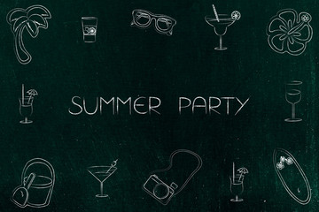 Fototapeta na wymiar summer party text with holiday and fun-related icons