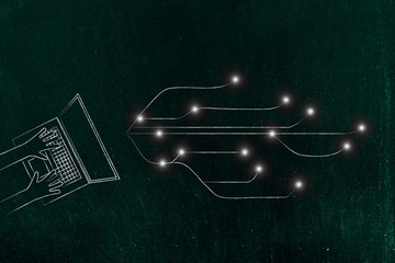 laptop user next to internet connection lines and nodes