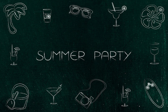 summer party text with holiday and fun-related icons
