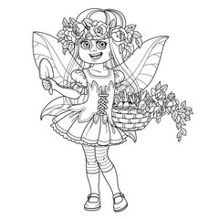 Cute girl in the costume of summer fairy in flower wreath of roses and with basket with sprouts in hands outlined isolated on a white background