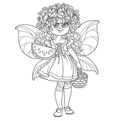 Cute girl in the costume of a summer fairy in flower wreath with watermelon and strawberry outlined isolated on a white background