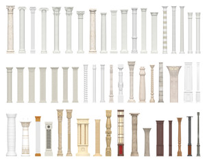 A set of columns and pillars of different styles. Architectural warrant isolated on white background. 3D visualization. - obrazy, fototapety, plakaty